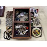 POWDER COMPACT, ENAMEL LAPEL BADGES, BROOCHES, AND VARIOUS BEADS,