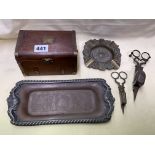 ANTIQUE STEEL WICK TRIMMER, CANDLE SNUFFERS ON TRAY AND BRASS ASH TRAY,