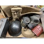 BOX - WWII TIN HAT, CANVAS SATCHELS, GAS MASKS,