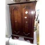 MAHOGANY TWO DOOR SMALL CUPBOARD AND AN OAK OBLONG MIRROR