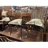 THREE BEECH PIERCED FIDDLE BACK COUNTRY ELBOW CHAIRS AND A SMALL OAK TABLE
