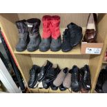 TWO SHELVES OF PAIRS OF SHOES AND WALKING BOOTS,