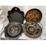 TWO VICTORIAN PAPIER MACHE AND FLORAL DECORATED BASKETS WITH SWING HANDLES,