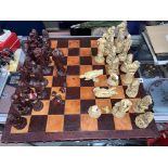 LEATHER CHEQUER BOARD WITH RESIN CHESS PIECES (AS FOUND)
