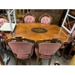 ITALIAN WALNUT MARQUETRY PEDESTAL DINING TABLE AND SIX UPHOLSTERED CHAIRS