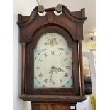 19TH CENTURY LONG CASE CLOCK WITH PAINTED ENAMEL ARCHED DIAL IN AN OAK AND INLAID CASE