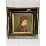 ENGLISH CERAMIC PAINTED TILE PORTRAIT OF 'LA CYPROTE' IN GILT FRAME A/F