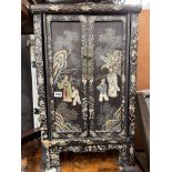 BLACK LACQUERED AND PAINTED CHINESE TWO DOOR CABINET (AS FOUND)