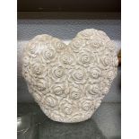 POTTERY HEART SHAPED VASE ENCRUSTED WITH ROSE DECORATION