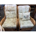 PAIR OF BAMBOO CONSERVATORY CHAIRS AND A PAIR OF GLASS TOPPED LAMP TABLES