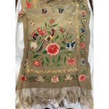 CHINESE SILK EMBROIDERED WITH EXOTIC BIRDS AND FOLIATE BORDERS WITH KNOTTED FRINGED TRIM