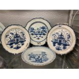 THREE BLUE AND WHITE 18TH CENTURY PATTERNED PLATES WITH SERPENTINE BORDERS AND A DELFT CHINESE