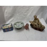 CHINESE ENAMELLED RECTANGULAR BOX AND COVER, ROSE QUARTZ SHISHI LION,