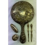 SILVER EMBOSSED BACKED HAND MIRROR, SILVER HANDLED NAIL ACCOUTREMENTS,