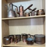 19TH CENTURY COPPER COFFEE POT, GRADUATED BRANDY PANS,