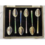 CASED SET OF SILVER AND GUILLOCHE ENAMEL DECORATIVE 1930 TEASPOONS