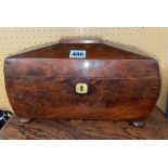 REGENCY MAHOGANY SARCOPHAGUS SHAPED TEA CADDY WITH LIONS MASK HANDLES