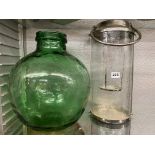 GLASS AND CHROME LANTERN AND A GREEN BOTTLE TERRARIUM VASE