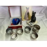 ELECTROPLATED FOUR DIVISION TOAST RACK, VARIOUS NAPKIN RINGS,