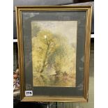 SIGNED WATERCOLOUR TITLED "FISHERMEN AT STONELEIGH, WARWICKSHIRE, 1908" BY H.E.