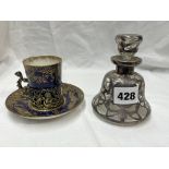 CROWN STAFFORDSHIRE BLEU DE ROI AND GILT COFFEE CAN WITH SILVER FILIGREE HOLDER AND A SILVER