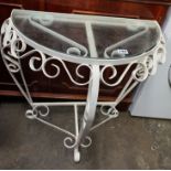 WROUGHT IRON GLASS TOPPED DEMI LUNE TABLE