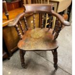 LATE VICTORIAN ELM BOBBIN TURNED 'CAPTAINS' ELBOW CHAIR