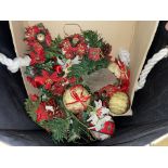 BOX OF CHRISTMAS DECORATIONS AND BOOKS