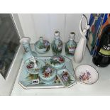 CONTINENTAL GREEN AND FLORAL DRESSING TABLE SET AND AN INFINITY FIGURINE