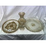 PAIR OF GILDED FERN LEAF GLASS VASES AND A LOBED SHALLOW DISH AND ONE OTHER A/F