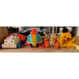 THREE RETRO PULL ALONG TOYS AND A SOOTY HAND PUPPET