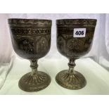 PAIR OF HEAVY ENGRAVED AND NIELLO ENAMELLED METALWARE EASTERN CHALICES 21.
