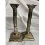 PAIR OF QUALITY EPNS CORINTHIUM COLUMN CANDLE STICKS ON STEPPED BASES 27CM