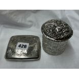 SILVER ENGRAVED CIGARETTE CASE AND SILVER LIDDED HOBNAIL CUT GLASS CYLINDRICAL BOX 3.