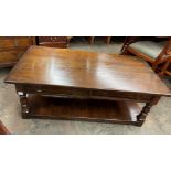 REPRODUCTION OAK OBLONG COFFEE TABLE FITTED WITH DRAWERS AND BOARDED UNDER SHELF
