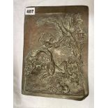 BAS RELIEF COPPER PLAQUE OF AN 18TH CENTURY WATTEAUESQUE COURTING COUPLE MONOGRAMMED LOWER LEFT GE?