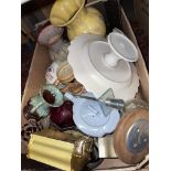 TWO BOXES OF VARIOUS CERAMICS INCLUDING TEAPOTS,