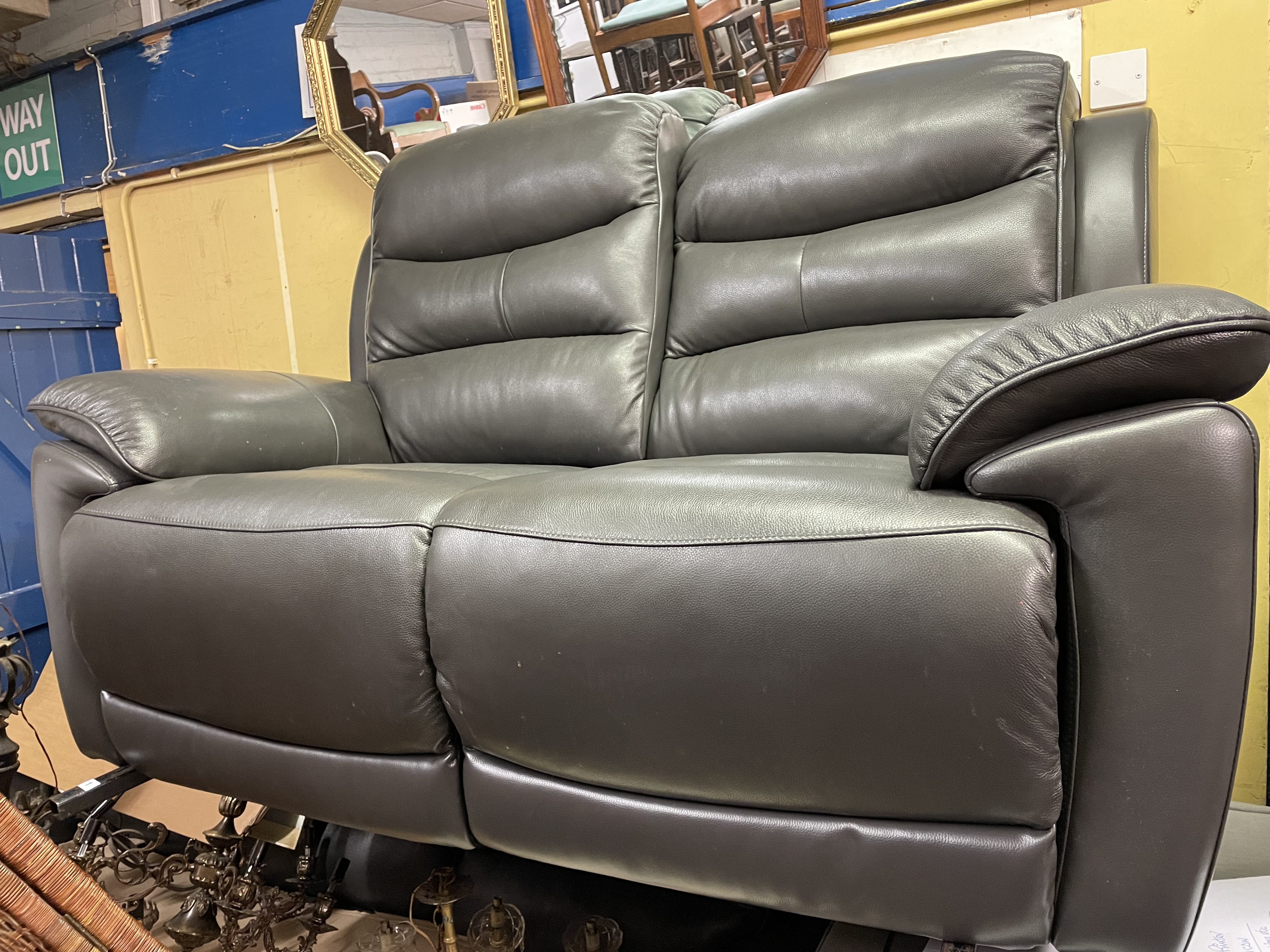 AS NEW SLATE GREY LEATHER RECLINING TWO SEATER SOFA - Image 2 of 2
