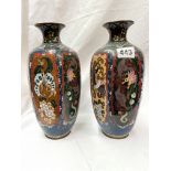 PAIR OF JAPANESE CLOISSONNE ENAMEL TAPERED HEXAFORM VASES DECORATED WITH DRAGONS AND BIRDS A/F 24.