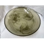 FRENCH TINTED MOULDED OLIVE GLASS SHALLOW BOWL WITH IRIS DECORATION