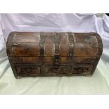 PRIMITIVE WOODEN AND METAL BOUND DOMED CASKET FITTED WITH THREE SMALL DRAWERS