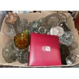 BOXED CRYSTAL ETCHED GOBLETS, TUMBLERS, QUEEN ELIZABETH CORONATION PLATE,