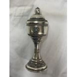 EASTERN INSPIRED WHITE METAL PEDESTAL GOBLET AND COVER DECORATED WITH TURQUOISE CABACHONS 2.
