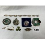 SILVER SCOTTISH TYPE, MALACHITE BROOCHES A/F, STERLING SILVER FILIGREE LINK BRACELET,