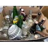 BOX - VARIOUS BOTTLES AND PATE MOULD AND CIGAR HOLDER