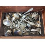 WOODEN BOX OF ASSORTED PLATED CUTLERY