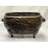 JAPANESE BRONZE OVAL PLANTER ON FOUR LEGS DECORATED WITH BIRDS AMIDST FOLIAGE 11.5CM H. 21CM L.