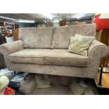 LIGHT BROWN RIBBED CHENILLE THREE PIECE SUITE AND STORAGE FOOTSTOOL