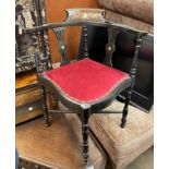 EDWARDIAN UPHOLSTERED MARQUETRY INLAID CORNER CHAIR