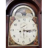 EARLY 19TH CENTURY LONG CASE CLOCK WITH PAINTED ARCHED ENAMEL DIAL WITH MOON ROLLER PHASE,